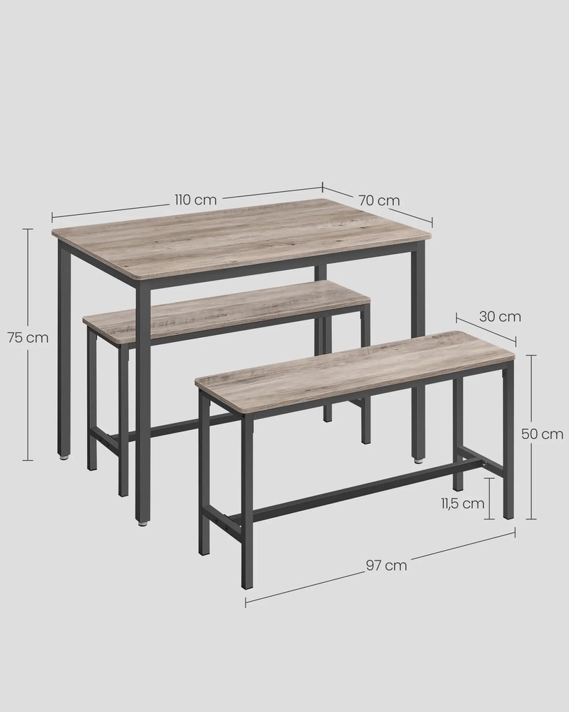 Conjunto Mesa de jantar com 2 bancos, conjunto de 3 peças , greige mesclado + Preto