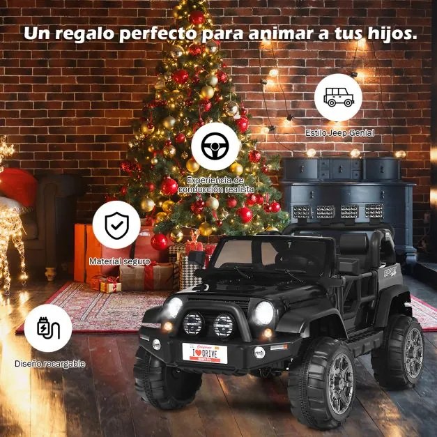 Carro elétrico para crianças com 2 lugares, bateria 12V, com 2 lugares e controlo remoto 2.4G 3 velocidades Música Buzina Porta USB Luzes LED Preto