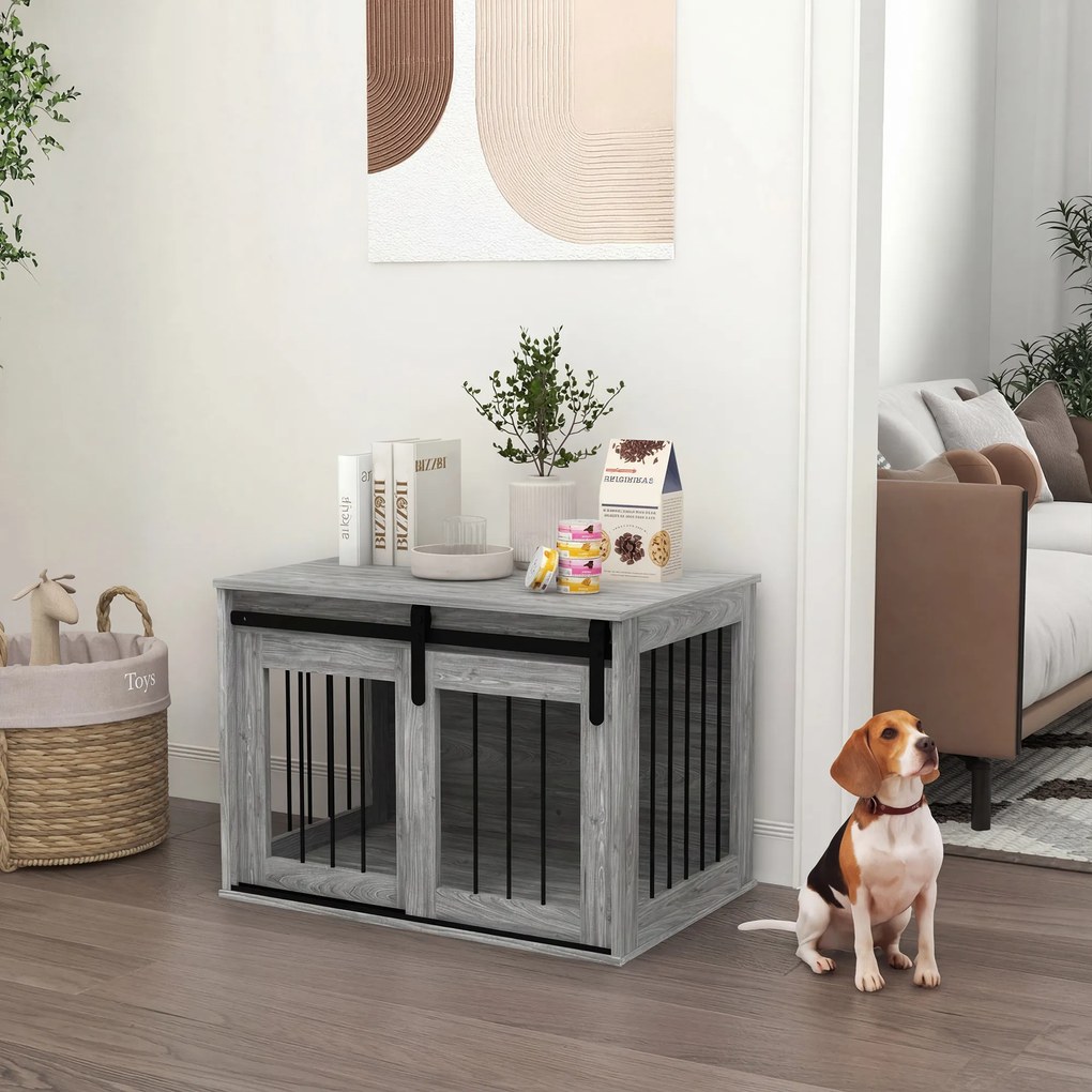 Gaiola para cães e animais de estimação 57 (A) x 80 (C) x 54 (L) cm, para interior, com porta deslizante, em metal com efeito de madeira cinzenta