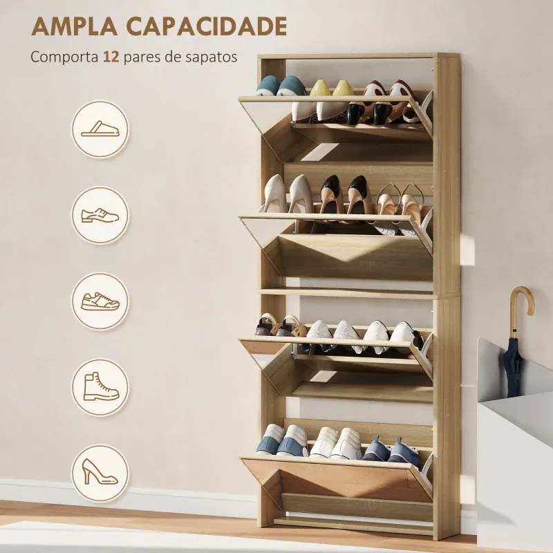 Sapateira Estreita com Espelho 4 Portas Abatíveis para 12 Pares de Sapatos para Espaços Reduzidos 63x17x146 cm Madeira