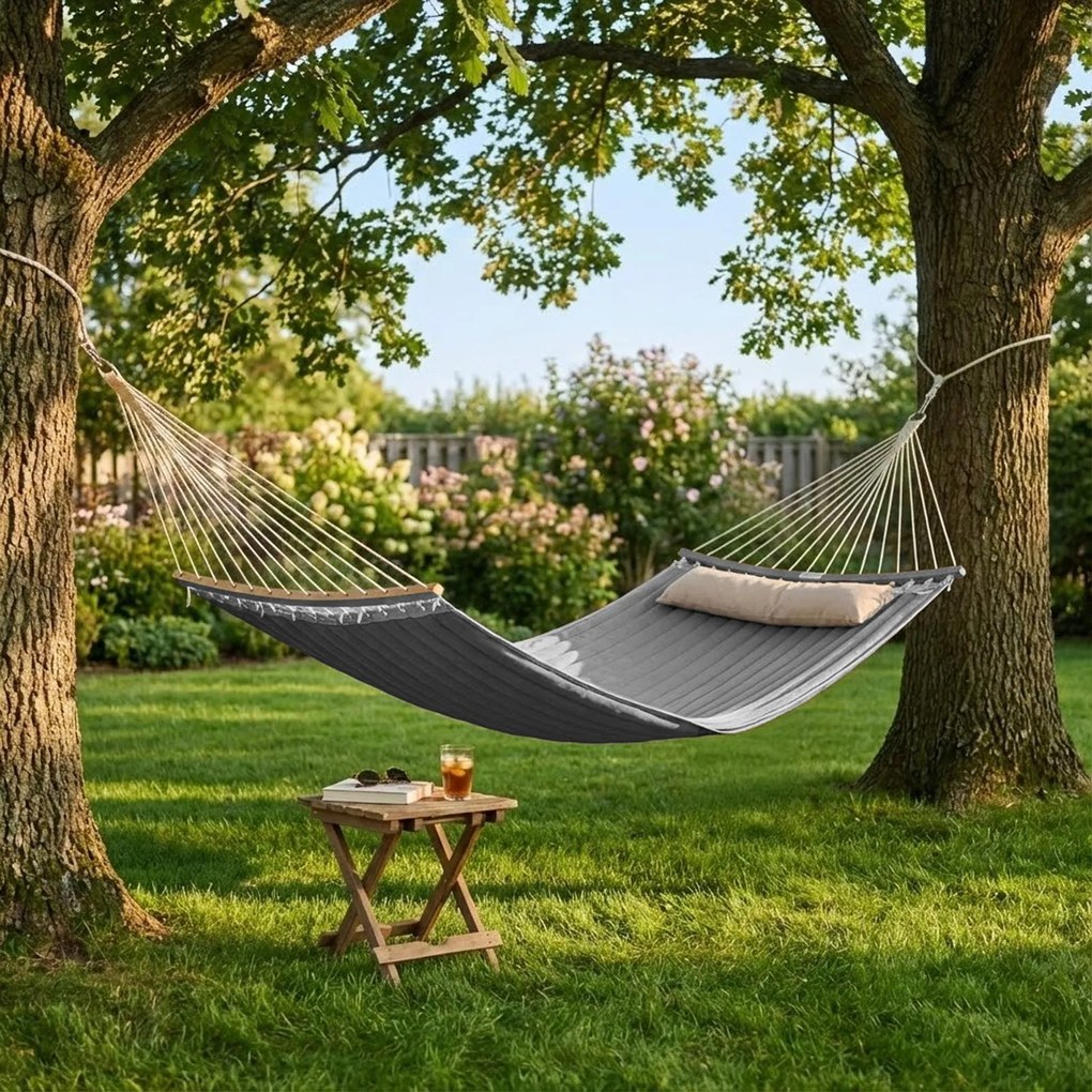 Rede dupla descanso jardim, almofadada com almofadas 200 x 140 cm (C x L) cinza-bege