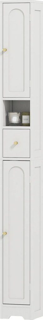 Armário de coluna para casa de banho 20 x 20 x 185 cm, móvel de arrumação, 2 portas, gaveta, compartimento aberto, prateleira ajustável, branco