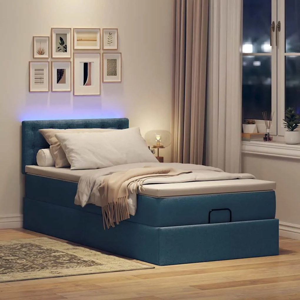 Cama Otomana com Colchão & LEDs Tecido Azul 90x200 cm