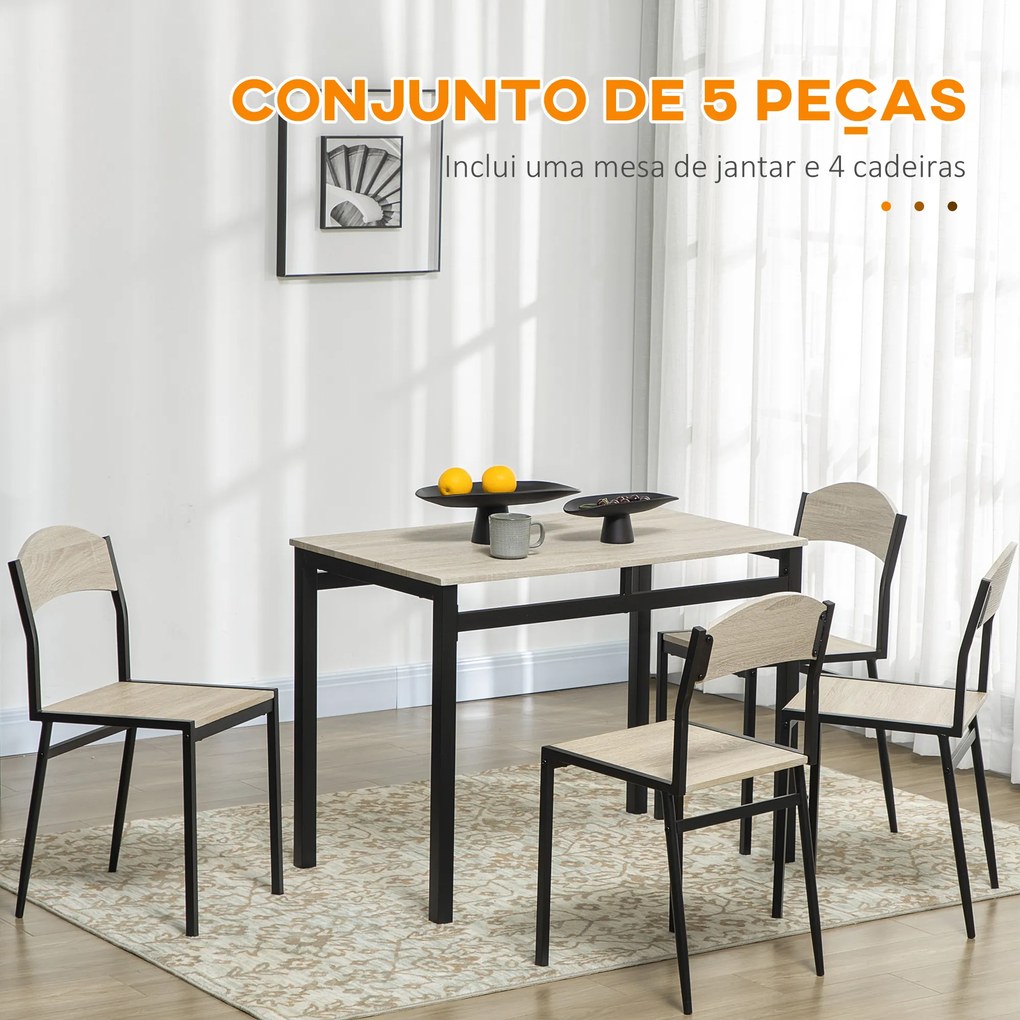 Conjunto de Mesa e Cadeiras de Refeição Mesa de Cozinha Retangular com 4 Cadeiras Estilo Moderno Carvalho e Preto
