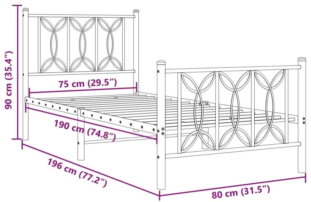 Estrutura de cama com cabeceira e pés 75x190 cm metal branco