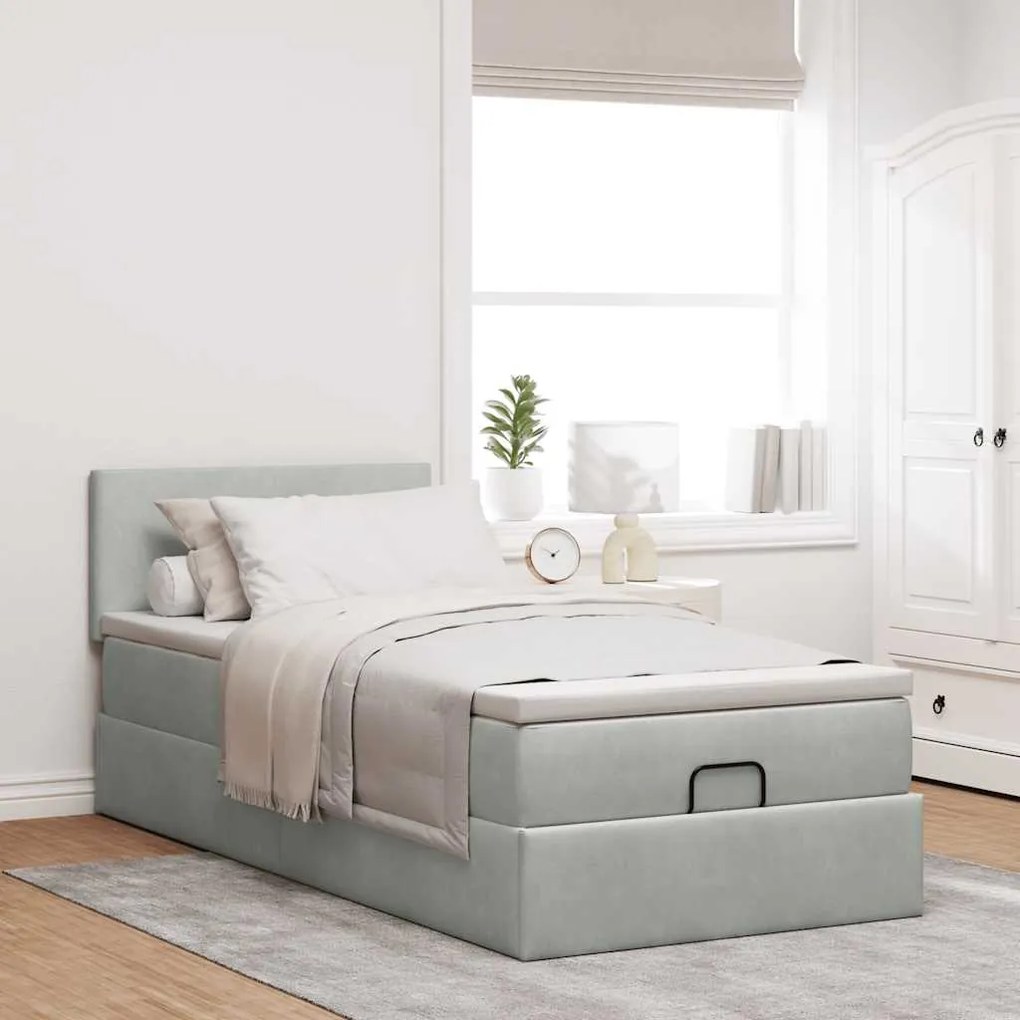 Estrutura cama otomana colchão 90x200 cm veludo cinzento claro