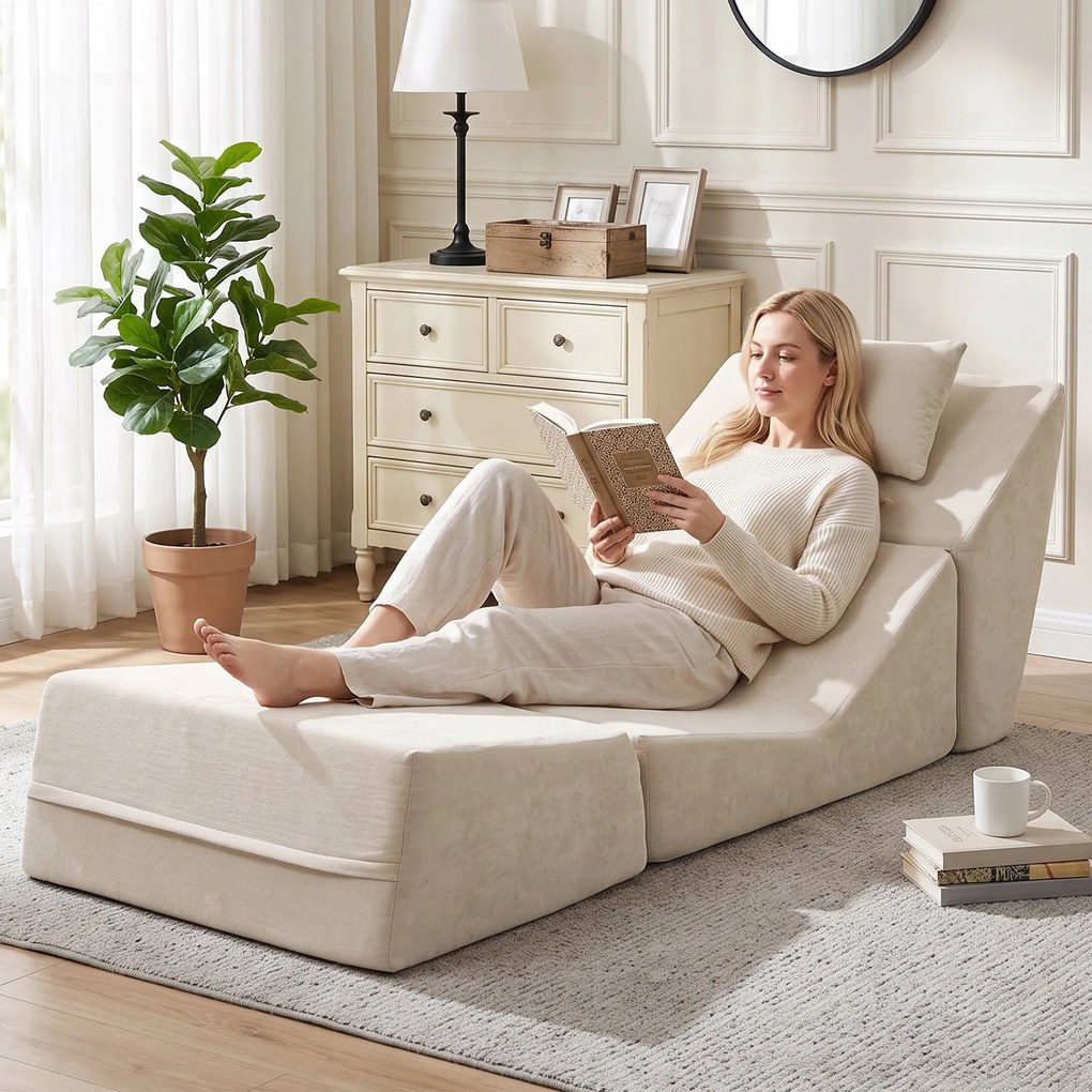 Poltrona-Cama de Chão, 90 x 76 x 74 cm, Convertível 3 em 1, Bege