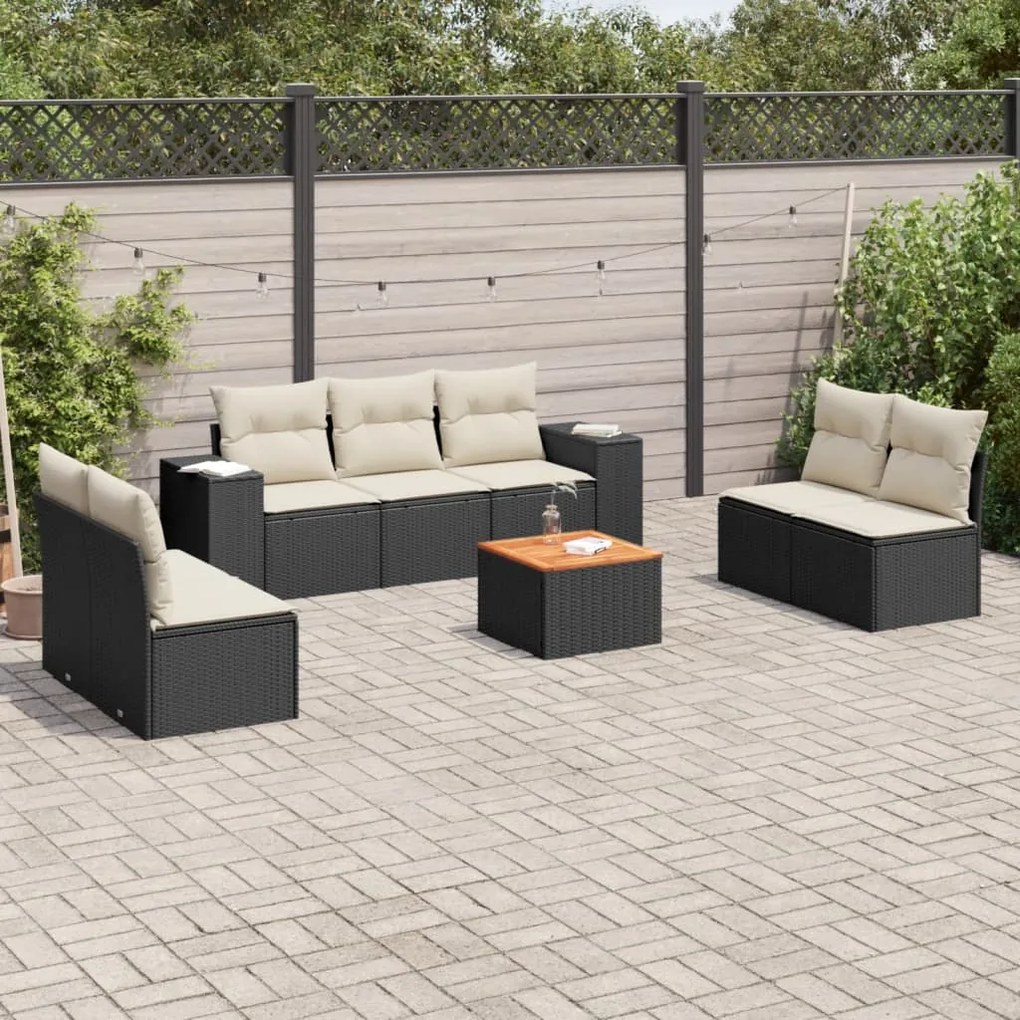 8 pcs conjunto sofás de jardim com almofadões vime PE preto