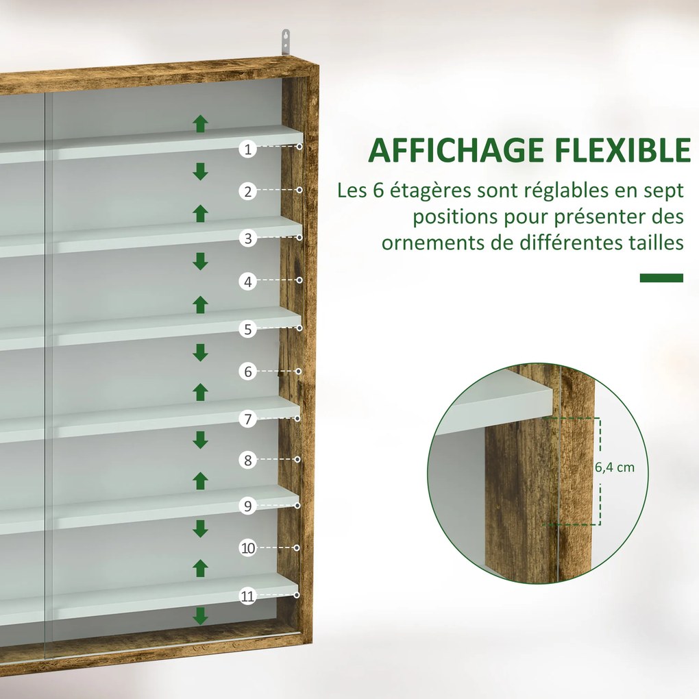 Vitrine para coleção, vitrine de parede, 80 x 9,5 x 83 cm, 6 prateleiras com altura ajustável, 2 portas de correr em vidro branco, castanho rústico