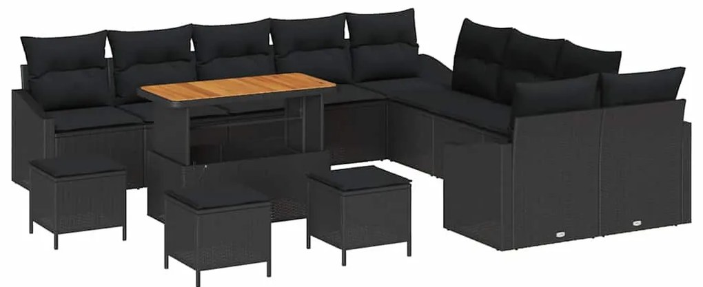 Conjunto de Sofá para Jardim com Almofadas de 14 Peças Preto Vime Poli