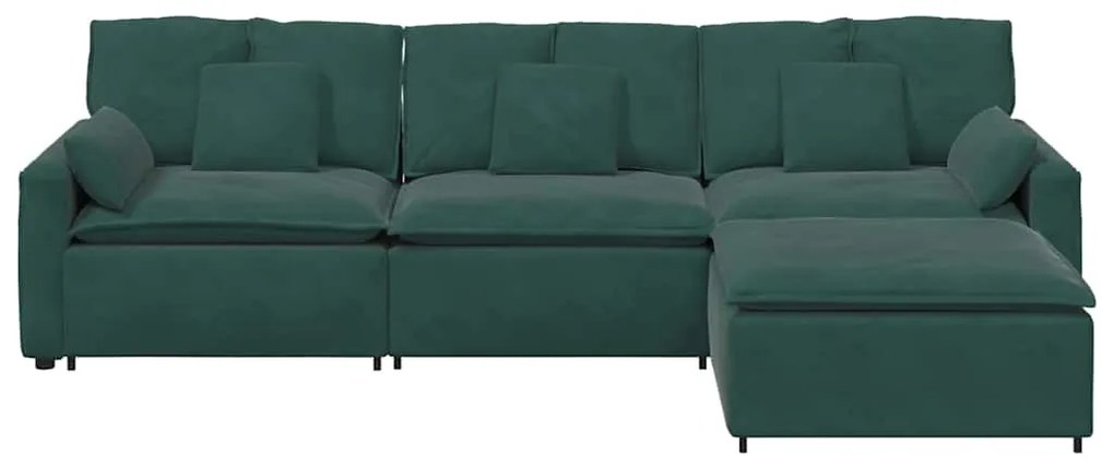 Sofá modular com pufes e almofadas verde-escuro