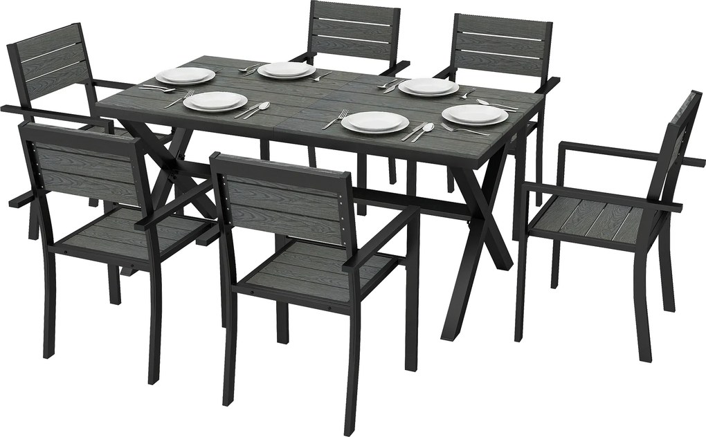 Conjunto de jantar de jardim de 7 peças para 6 pessoas, mesa e cadeiras empilháveis com ripas com efeito de madeira, estrutura em alumínio, cinzento