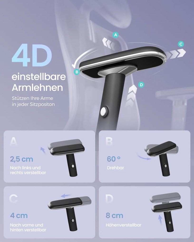 Cadeira de escritório ergonómica com apoio ajustável, preto