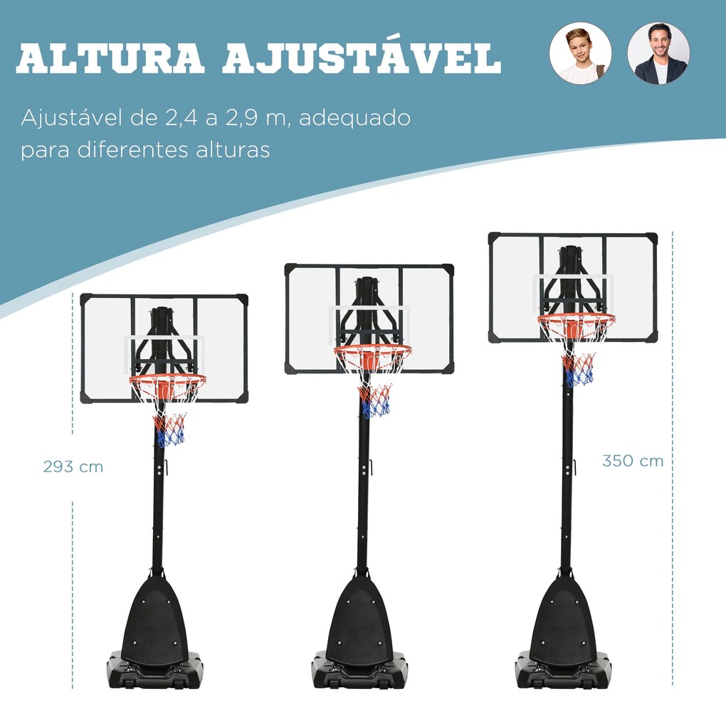 Cesto de Basquetebol com Altura Ajustável Rodas Base Preenchida com Água ou Areia para Exterior 111x70,5x293-350 cm Preto