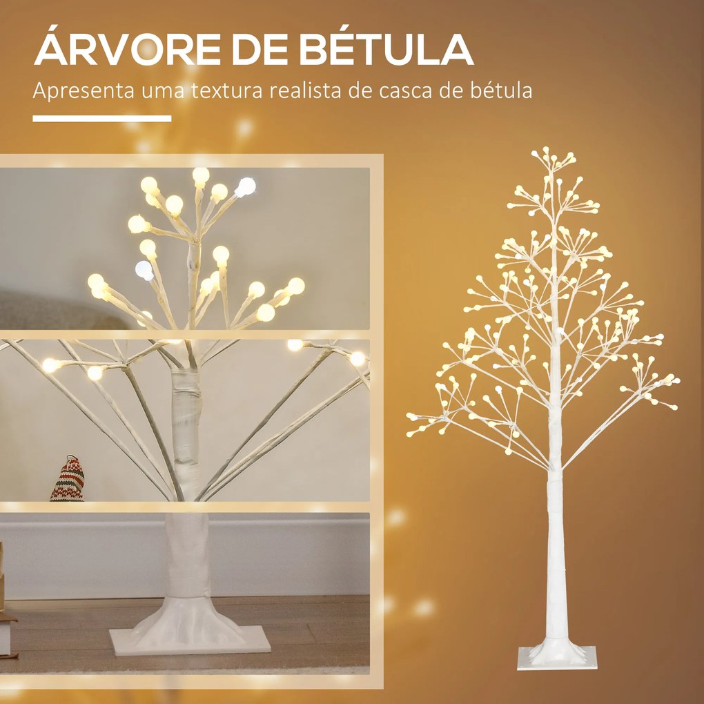 HOMCOM Árvore de Bétula Altura 120cm com 168 Luzes LED IP44 Branco Quente Ramos Flexíveis e Base de Candeeiro Árvore de Decoração de Natal para Festas Aniversários Casamentos 18x18x120cm Branco
