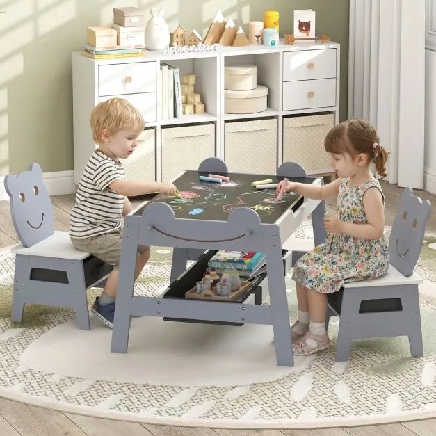 Conjunto Mesa e 2 cadeiras infantis 5 em 1 com tampo reversível preto e branco com Detalhe Curvo, 4 ganchos, compartimentos e recipientes Cinzenta
