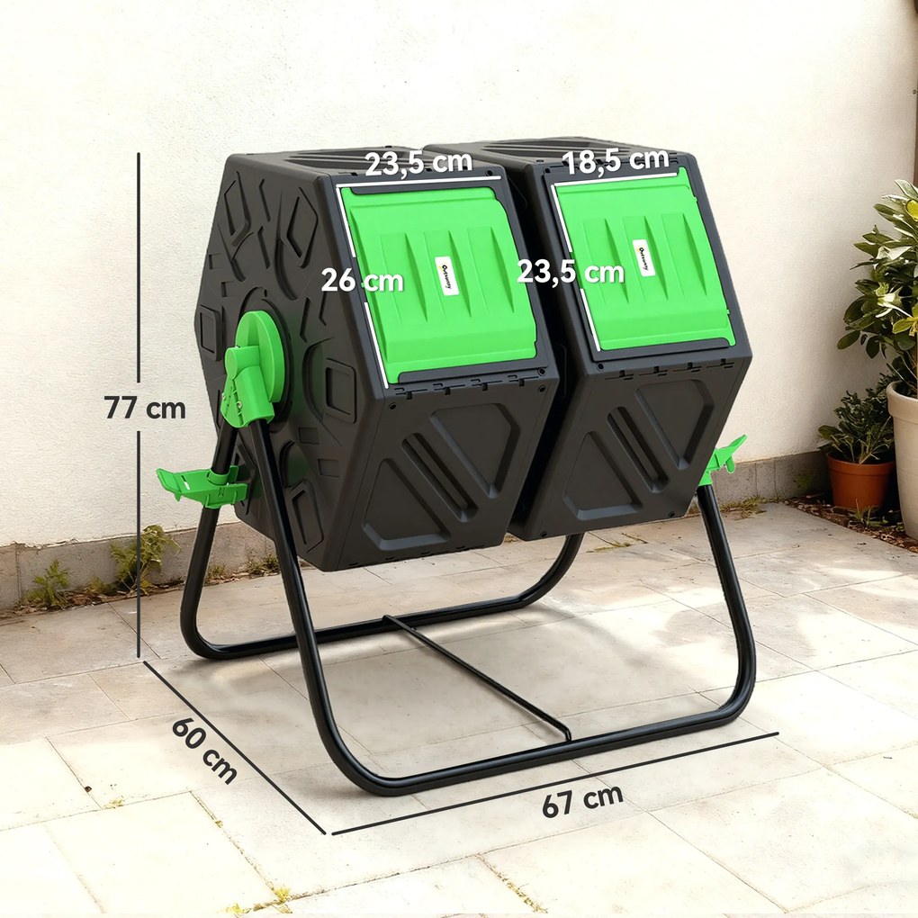 Compostor Giratório de 130L Recipiente de Compostagem de Jardim de Dupla Câmara com Aberturas de Ventilação 67x60x77 cm Preto e Verde