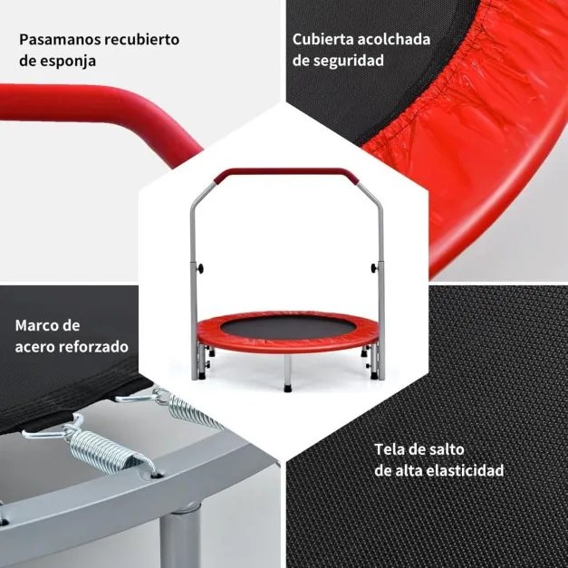 Trampolim de Fitness Interior φ101cm Mini Trampolim com Pega Ajustável em Altura Dobrável para Crianças Carga 150 kg Vermelho