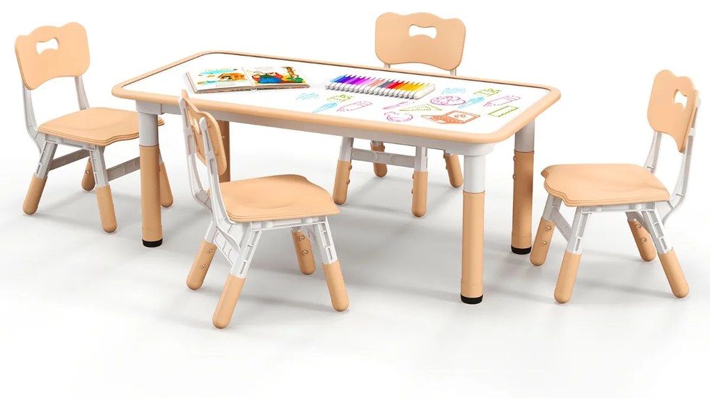 Conjunto de mesa para crianças e 4 cadeiras mesa regulável em altura com superfície de graffiti multifunções para arte e estudo Natural