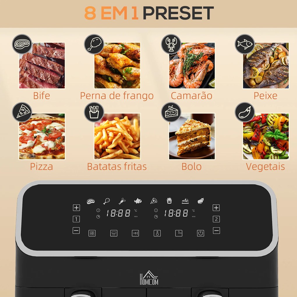 Fritadeira sem Óleo de 8L e 2700W com 2 Cestos Independentes 8 Programas Pré-configurados Ecrã LED Tátil 39x38,5x31 cm Preto
