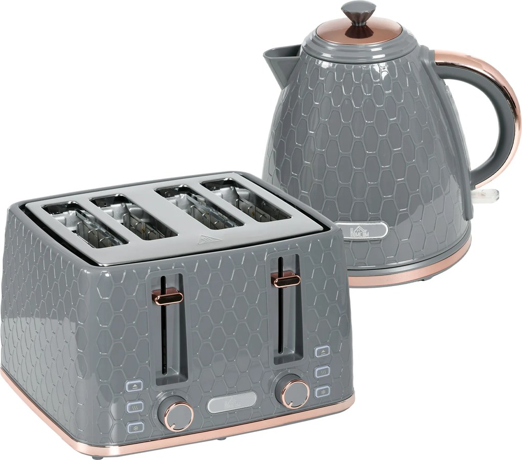 HOMCOM Conjunto de cozinha 2-em-1, torradeira e chaleira, várias opções, 1,7 L, 4 fatias de torrada ao mesmo tempo, plástico, Cinza | Aosom Portugal