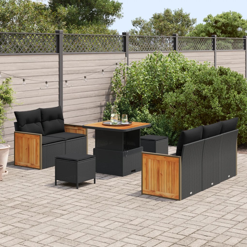 Conjunto de Sofá de Jardim vidaXL 8 peças com Almofadas Preto Ratan Si