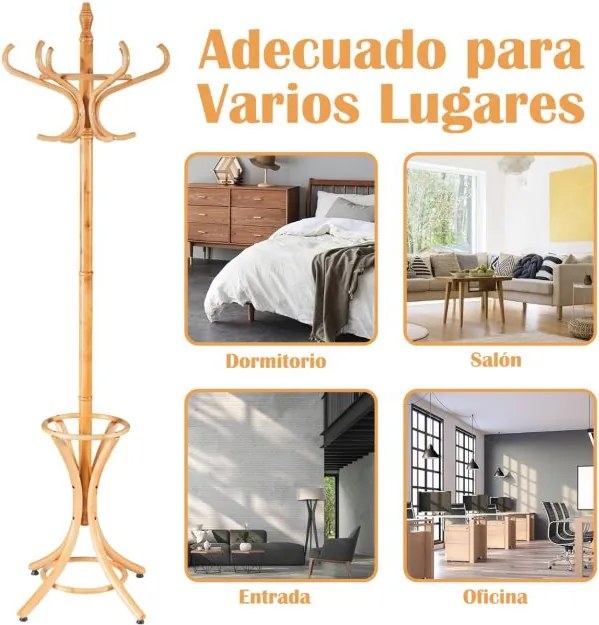 Cabide de pé estilo árvore com pés de madeira para pendurar casacos. Inclui suporte para guarda-chuvas natural