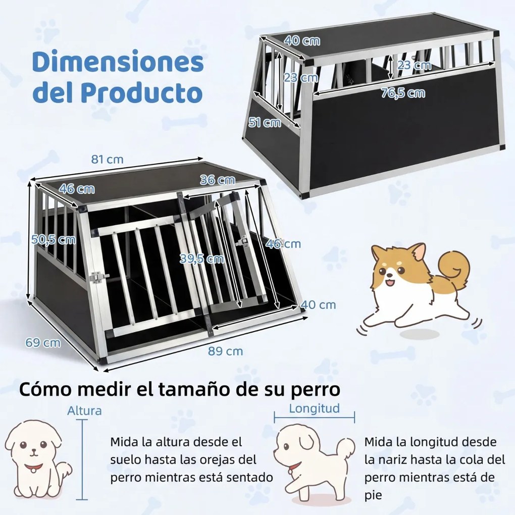 Transportadora de viagem para cães 89 x 69 x 50,5 cm em alumínio para animais de estimação Porta com fechadura Divisória removível À prova de mordidas