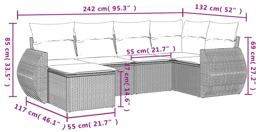 6 pcs conjunto de sofás p/ jardim com almofadões vime PE bege