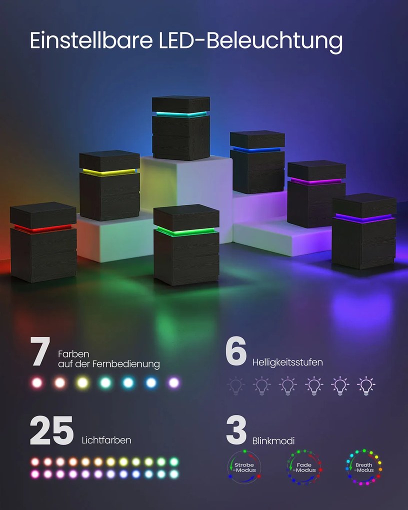 Conjunto de 2 mesas de cabeçeira com iluminação LED e 3 gavetas 35 x 40 x 55 cm, na cor preta