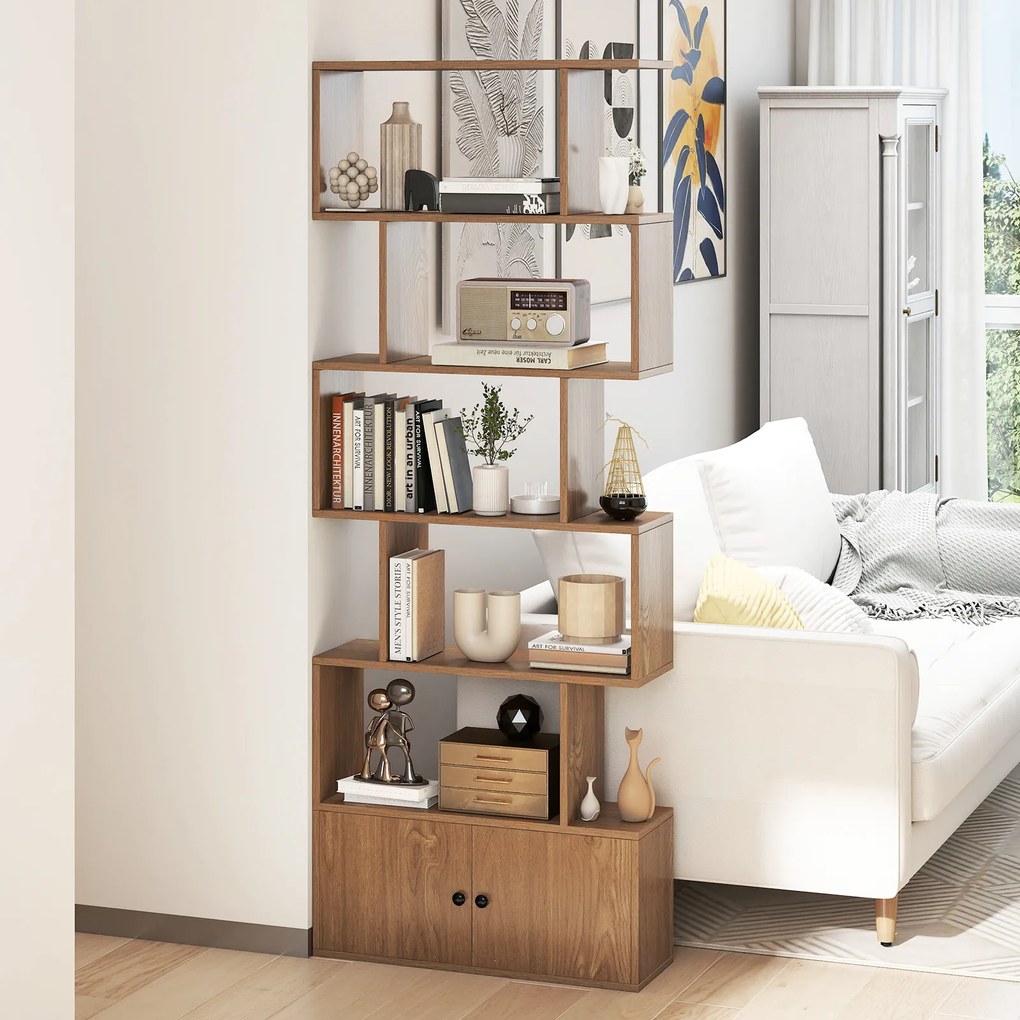 Estante de 5 Níveis com Armário de 2 Portas, 70 x 23 x 183 cm, Design em Forma de S, Natural