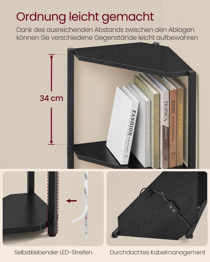 Estante de canto com 5 prateleiras 24,8 x 48 x 146,6 cm, estante para livros com iluminação LED ajustável Preta
