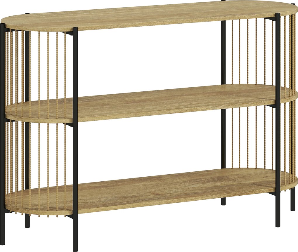 Mesa Consola com Corda de Papel Trançada à Mão Consola de Entrada de 3 Níveis com Estrutura de Aço Estilo Boémio 124x43,5x80 cm Madeira