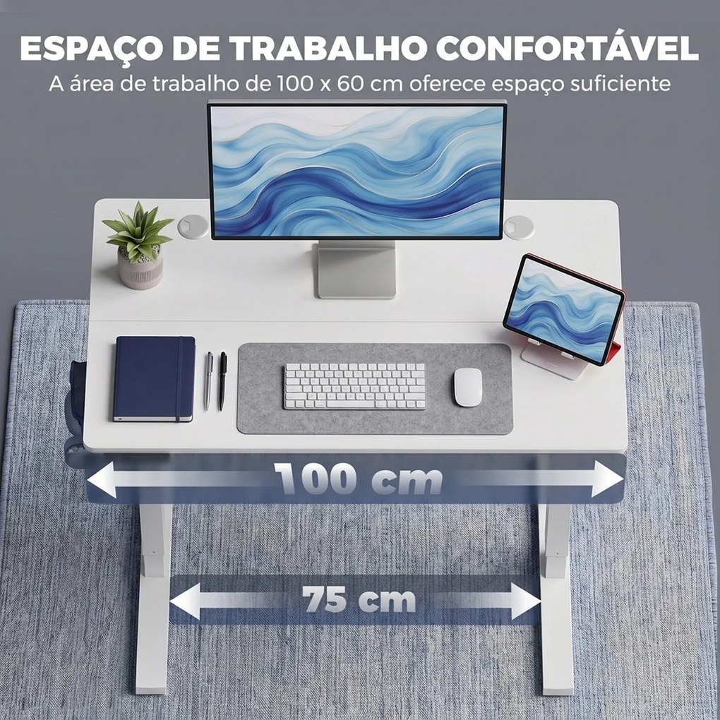 Secretária Elevatória com Memória, Altura Regulável, 2 Passa-cabos e Ecrã LED, Branco