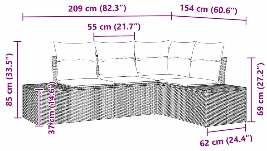 Conjunto de Sofá de Jardim de 4 Peças com Almofadas Cinza em Poli Ratt