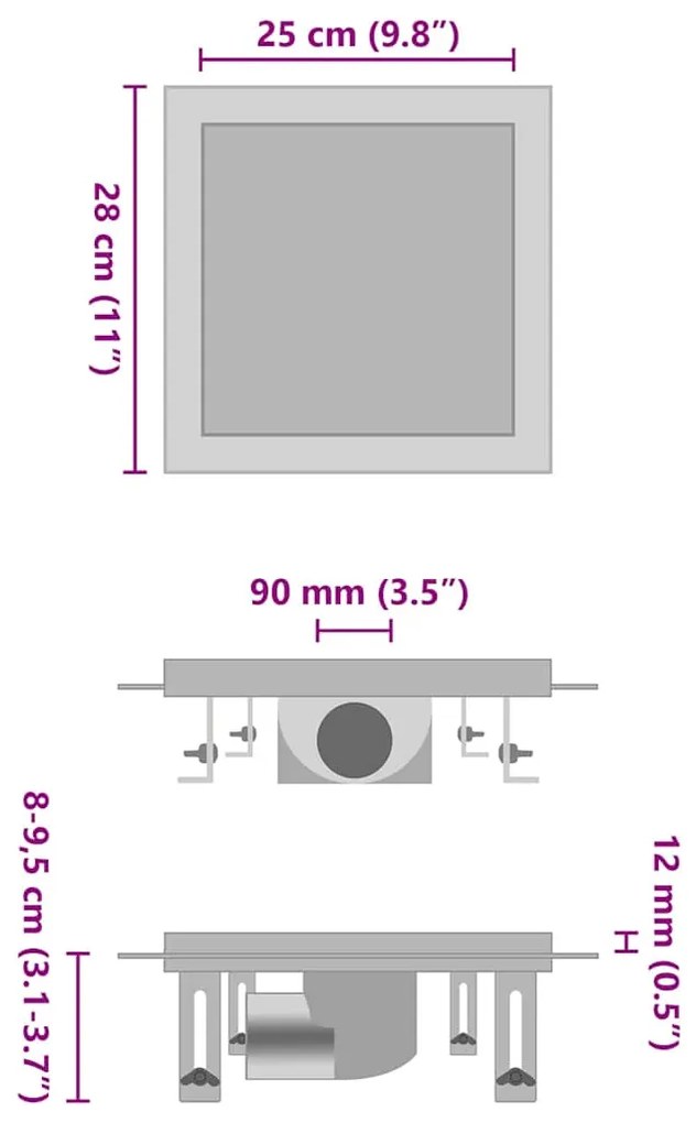 Ralo chuveiro tampa plana/inserção ladrilho 28x28 cm aço inox.