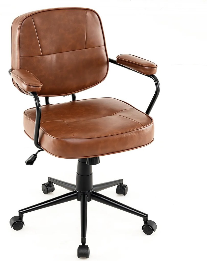 Cadeira de escritório ergonómica estilo meados do século com braços acolchoados, giratória e ajustável em altura com rodas castanho