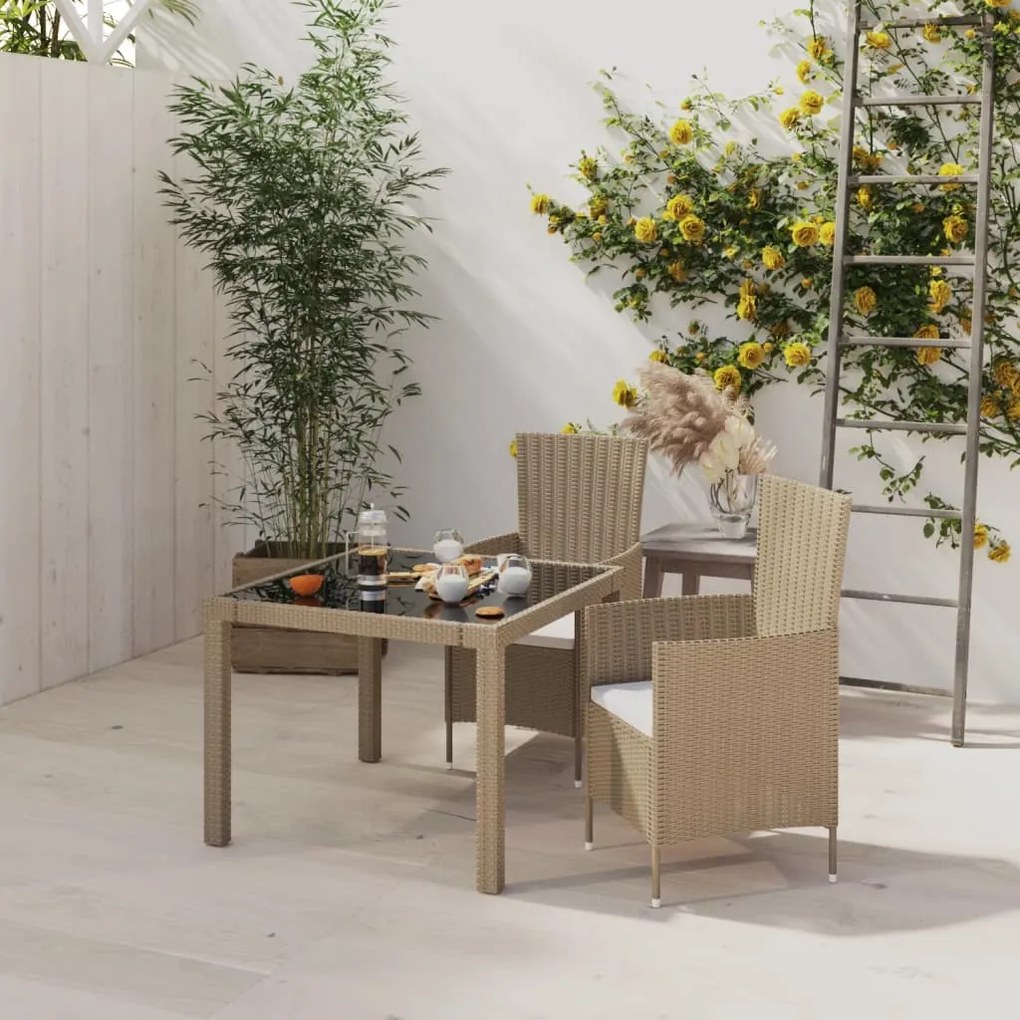 vidaXL 3 pcs conjunto de jantar p/ exterior c/ almofadões vime PE bege
