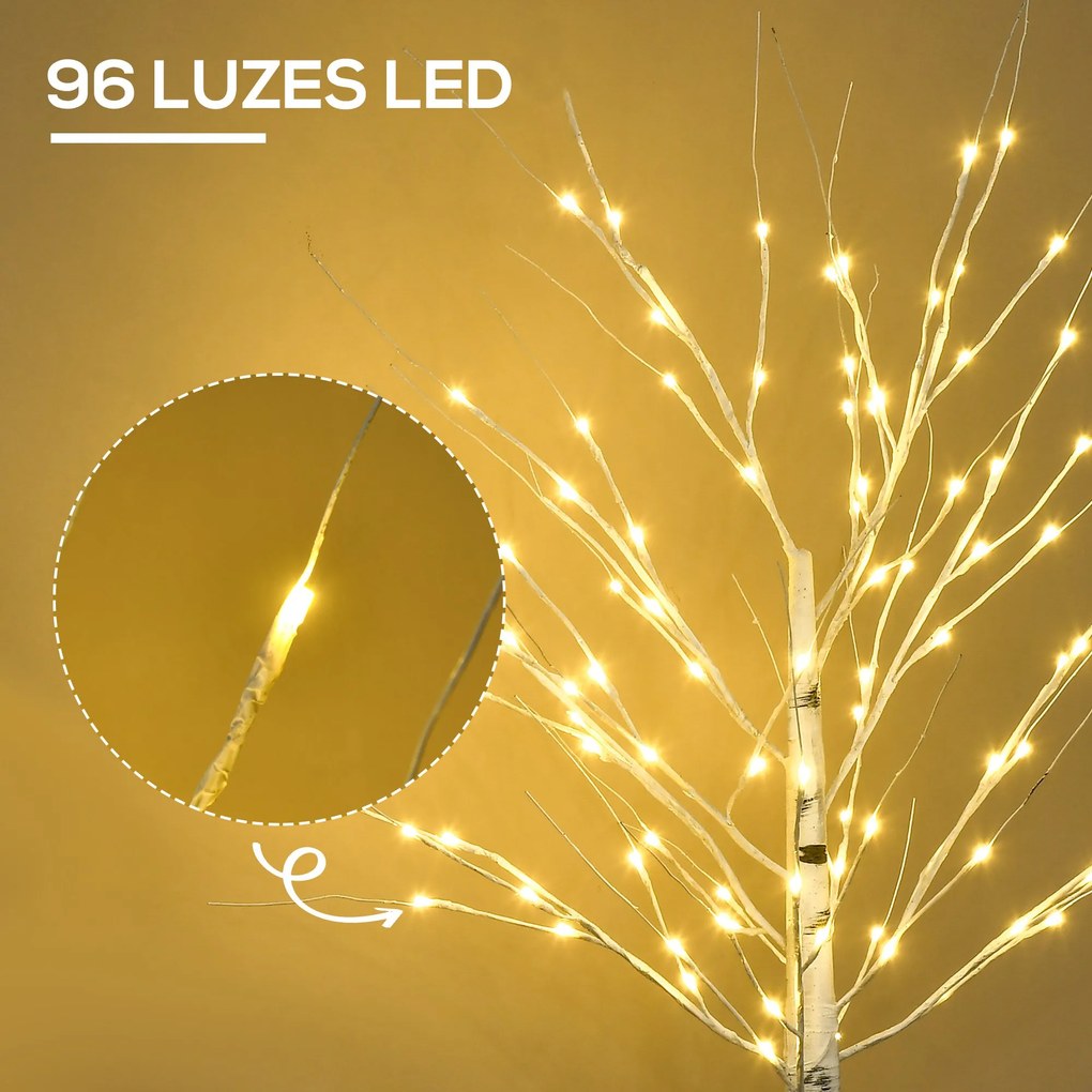 Árvore de Bétula Altura 150cm com 96 Luzes LED IP44 Branco Quente Ramos Flexíveis e Base de Candeeiro Árvore de Decoração de Natal para Interiores 22x