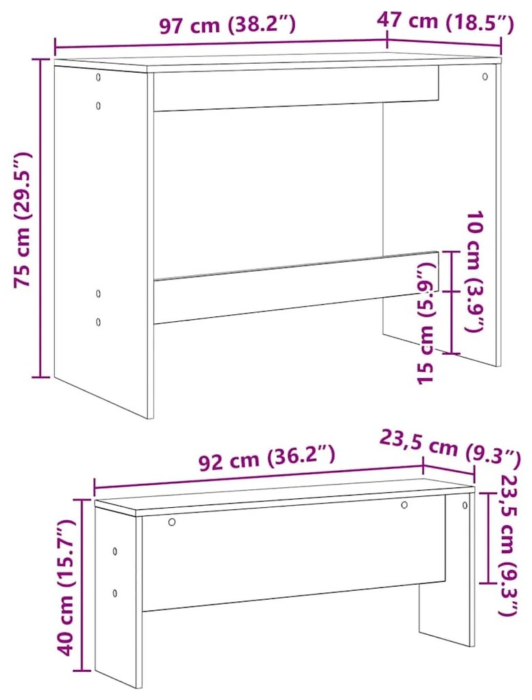 Conjunto de sala de jantar 2 pcs Carvalho Preto 97 x 47 x 75 cm
