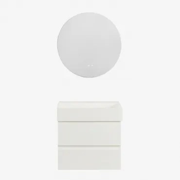 Conjunto De Móvel De Casa De Banho Em Madeira E Chapa De Freixo Com Lavatório Integrado Ona Branco & Redondo Led E Anti-embaciamento Ø70 - Sklum