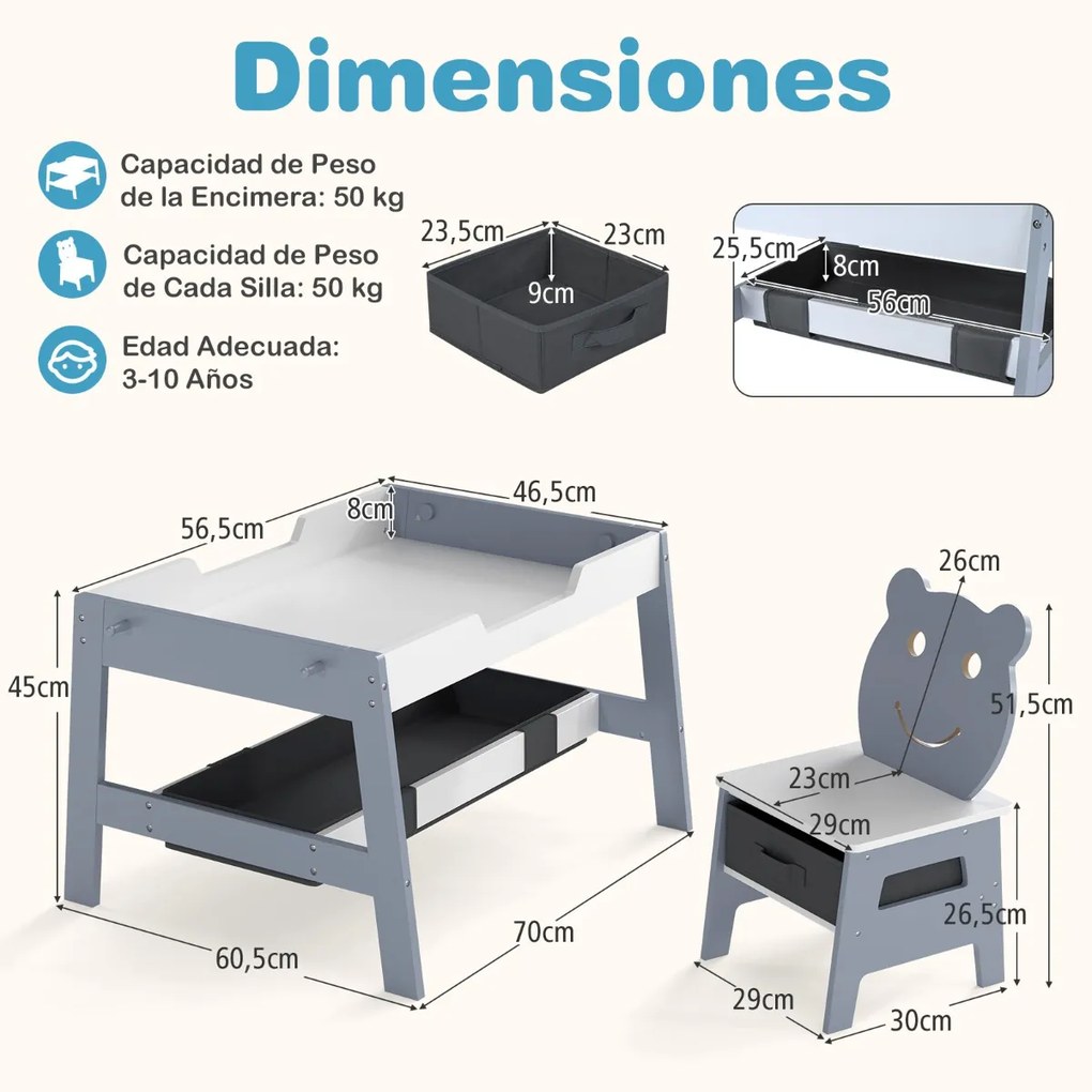 Conjunto de Mesa e 2 cadeiras infantil Secretária 5 em 1 com superfície reversível Quadro branco e preto 4 ganchos Compartimentos Cinzento
