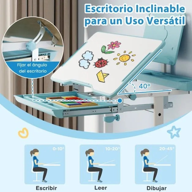 Conjunto de secretária e cadeira para crianças com altura ajustável, tampo inclinável, porta-copos, gaveta e cadeira ergonómica Azul