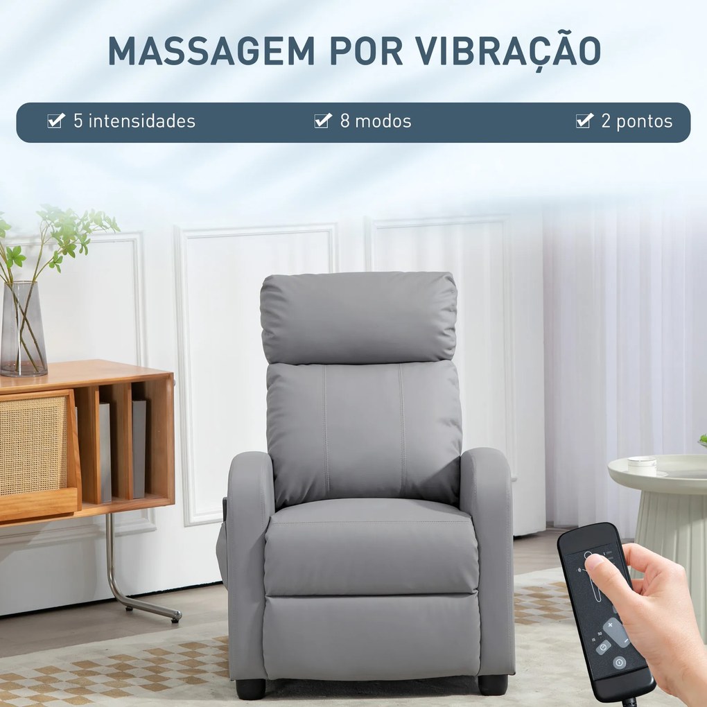Poltrona de Massagem Reclinável com Controlo Remoto 2 Áreas de Massagem 8 Programas 5 Níveis 68x88x98 cm Cinzento
