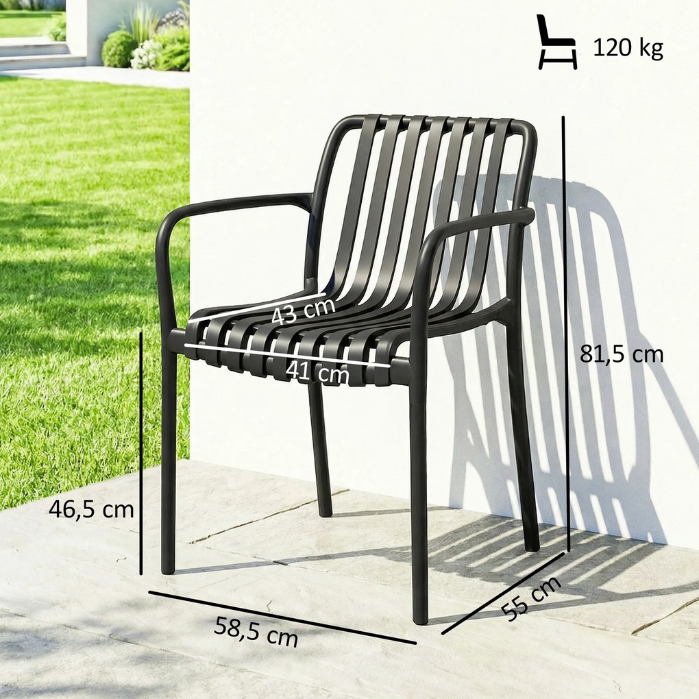 Conjunto de 4 Cadeiras de Jardim (MESA NÃO INCLUIDA) Empilháveis em PP com Encosto Curvado e Assento com Ripas 55x58,5x81,5 cm Preto