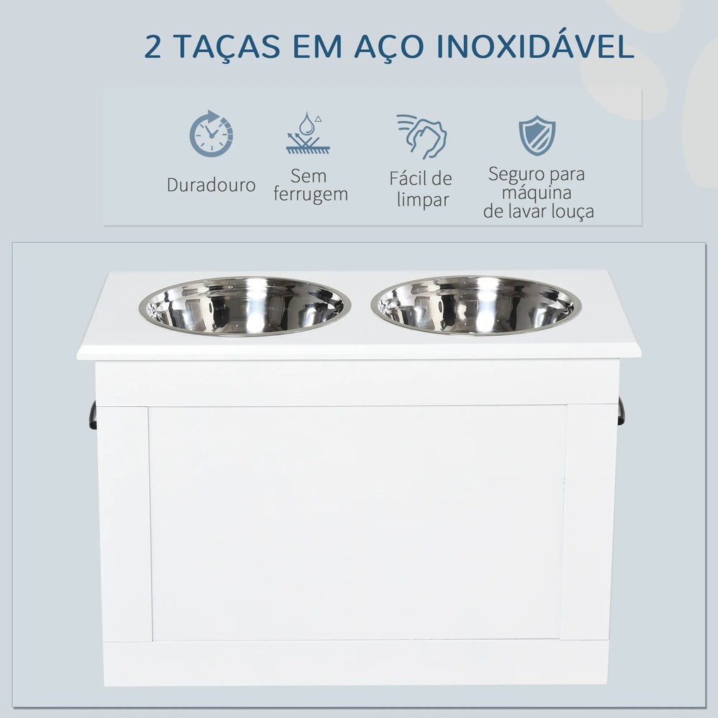 Comedouro Elevado para Cães com 2 Tigelas de Aço Inoxidável e Espaço de Armazenamento Oculto 60x30x41 cm Branco