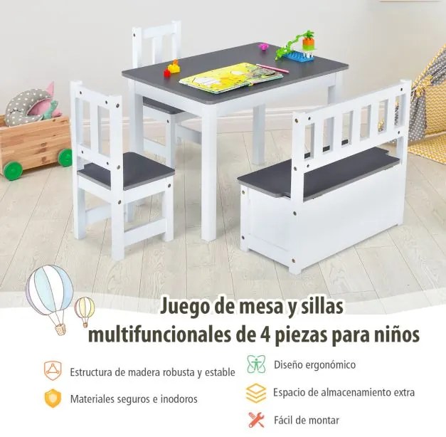 Conjunto de mesa e cadeiras para crianças 4 peças de actividades de madeira 2 em 1 com 2 cadeiras e 1 banco para brincar desenhar ler comer Cinzento