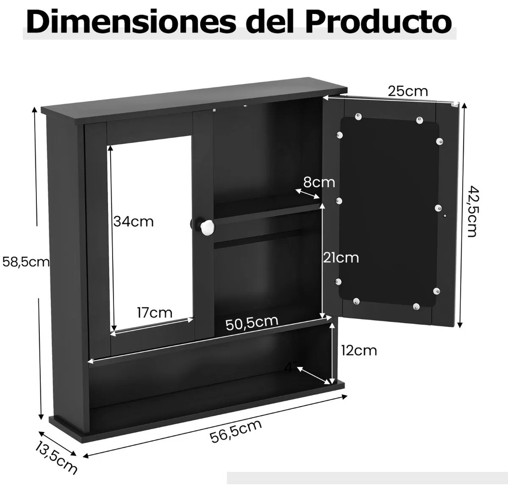 Armário de parede para casa de banho com espelho, 2 portas, prateleira ajustável e compartimento aberto 56,5 x 13,5 x 58,5 cm Preto