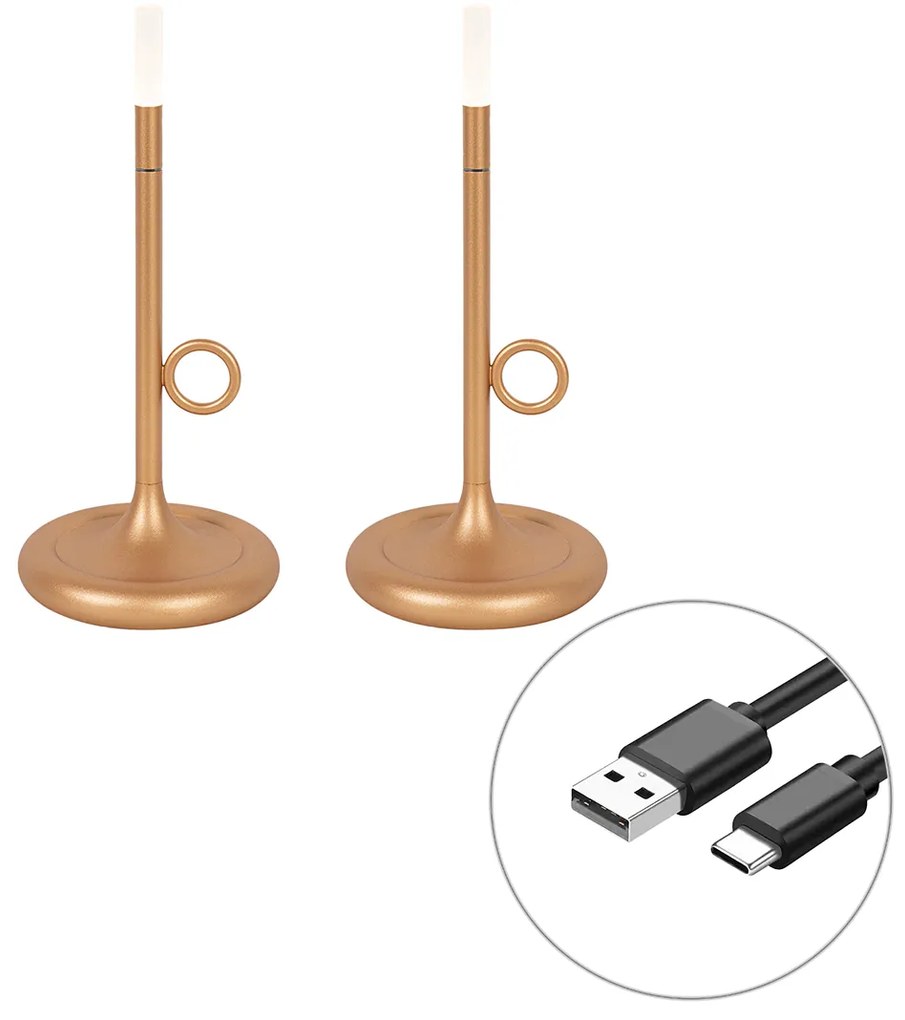Conjunto de 2 candeeiros de mesa para exterior dourado com dimmer recarregável - Sjarel