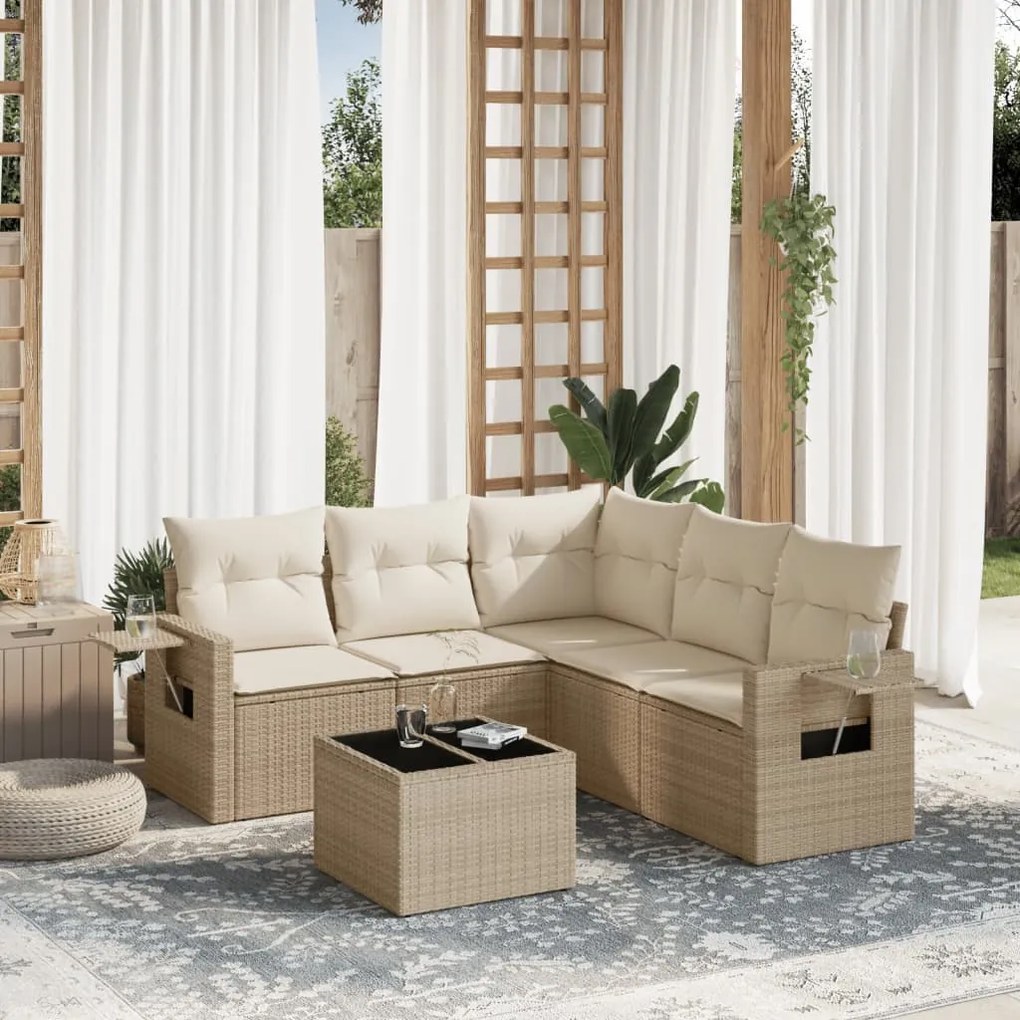 6 pcs conjunto de sofás p/ jardim com almofadões vime PE bege